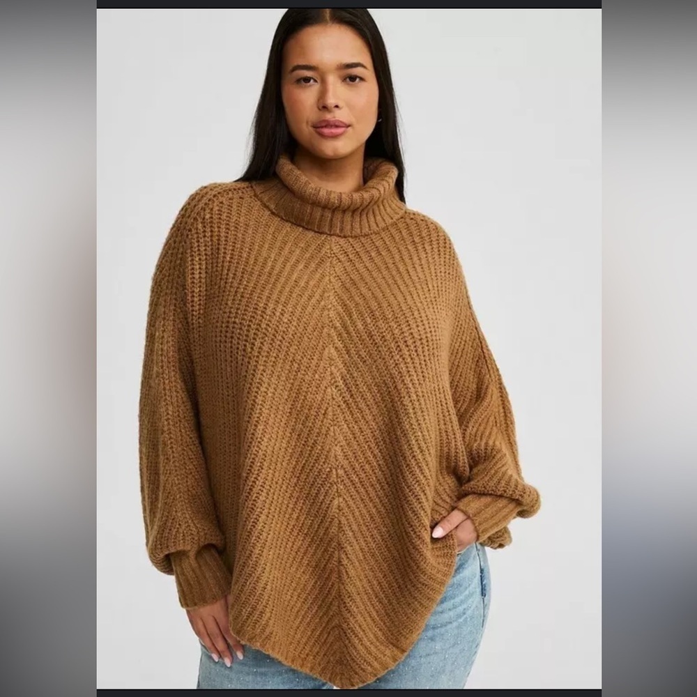 Torrid chunky ribbed poncho sweater mock neck brown knit oversized